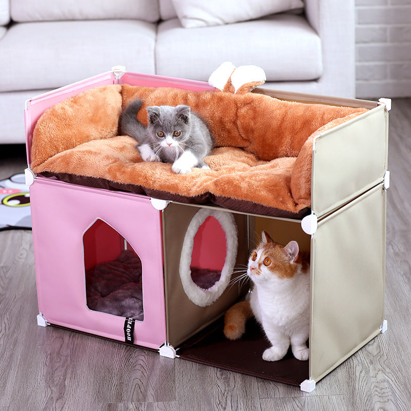 JMT-019658 Cozy Enclosed Two-Layer Cat Villa with Polyester and Iron Frame - Multiple Colors Available