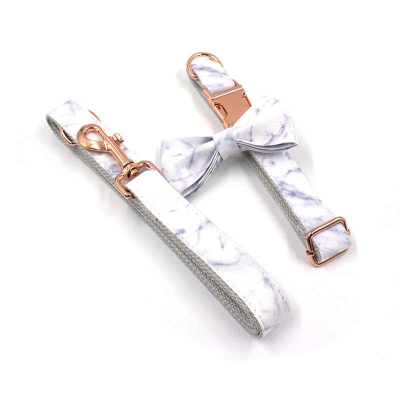 JMT-019850 Rose Gold Marble Dog Collar and Leash Set with Bow - Adjustable Sizes XS to XL