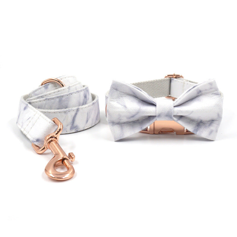 JMT-019850 Rose Gold Marble Dog Collar and Leash Set with Bow - Adjustable Sizes XS to XL