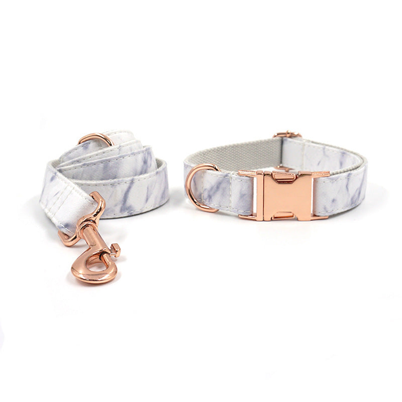JMT-019850 Rose Gold Marble Dog Collar and Leash Set with Bow - Adjustable Sizes XS to XL