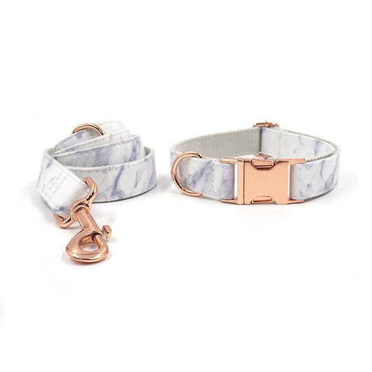 JMT-019850 Rose Gold Marble Dog Collar and Leash Set with Bow - Adjustable Sizes XS to XL