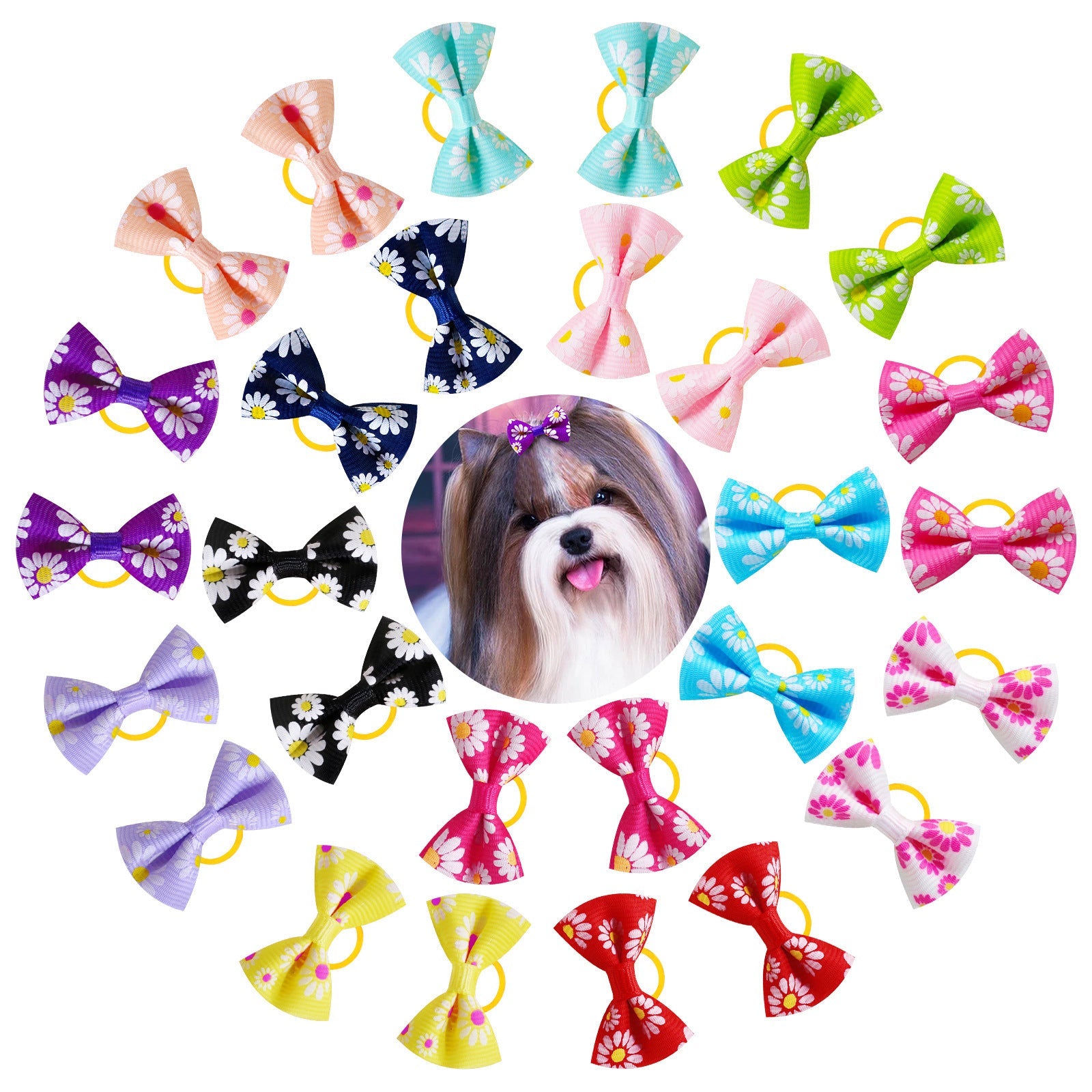 JMT-020170 Small Floral Cloth Headbands for Pets - 50 Pack of Casual Daisy Rubber Bands