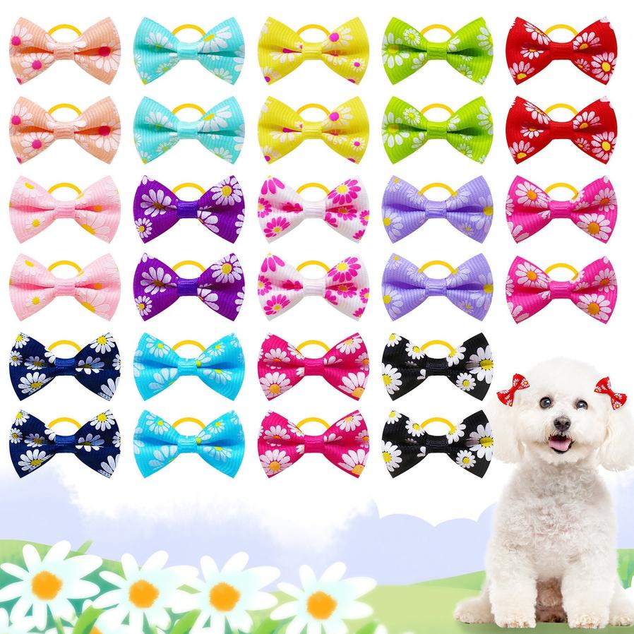JMT-020170 Small Floral Cloth Headbands for Pets - 50 Pack of Casual Daisy Rubber Bands