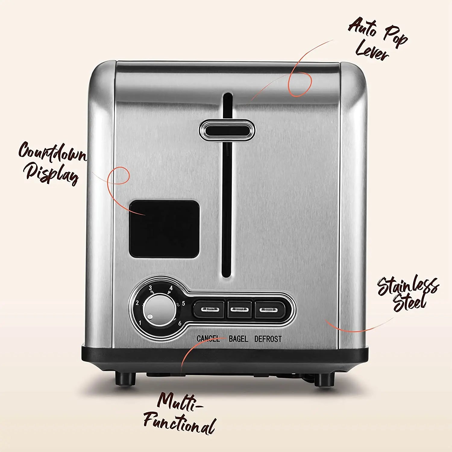 JMT-020298 Stainless Steel 2-Slice Toaster with Digital LED Display and Automatic Pop-Up Feature