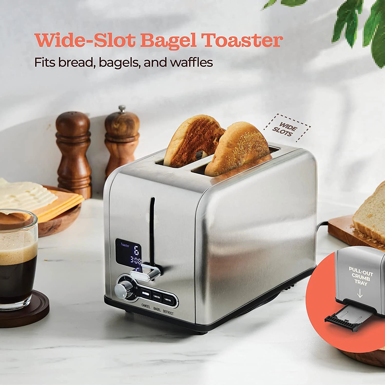 JMT-020298 Stainless Steel 2-Slice Toaster with Digital LED Display and Automatic Pop-Up Feature