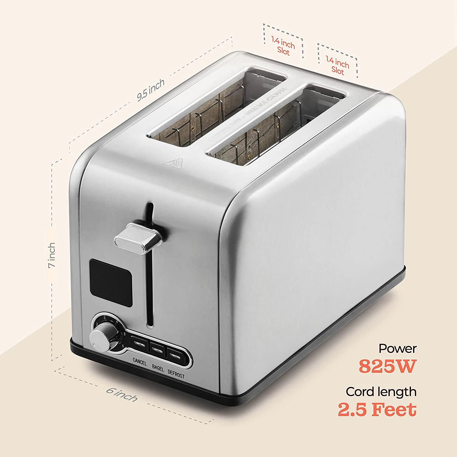 JMT-020298 Stainless Steel 2-Slice Toaster with Digital LED Display and Automatic Pop-Up Feature