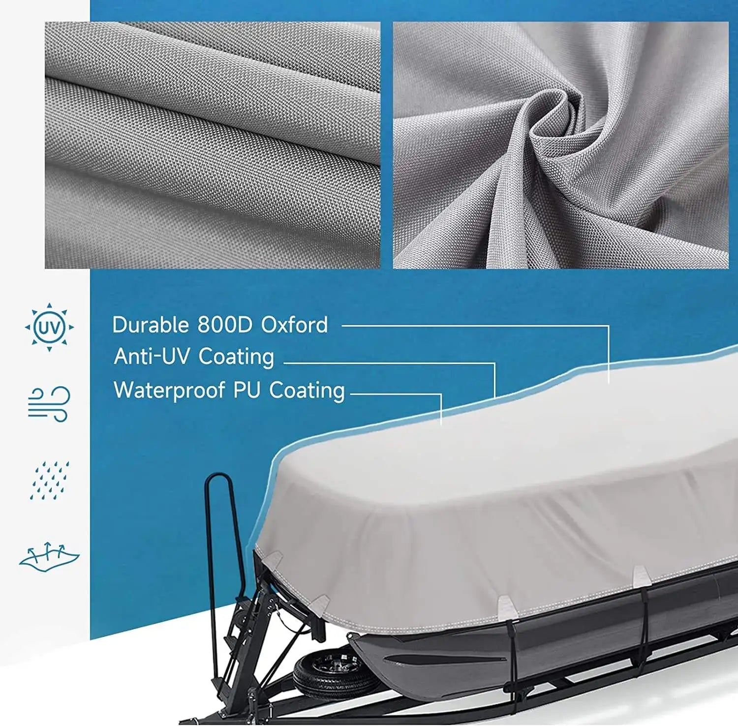 JMT-021130 Upgraded 800D Waterproof Pontoon Boat Cover with PU Coating for 19FT-21FT Boats