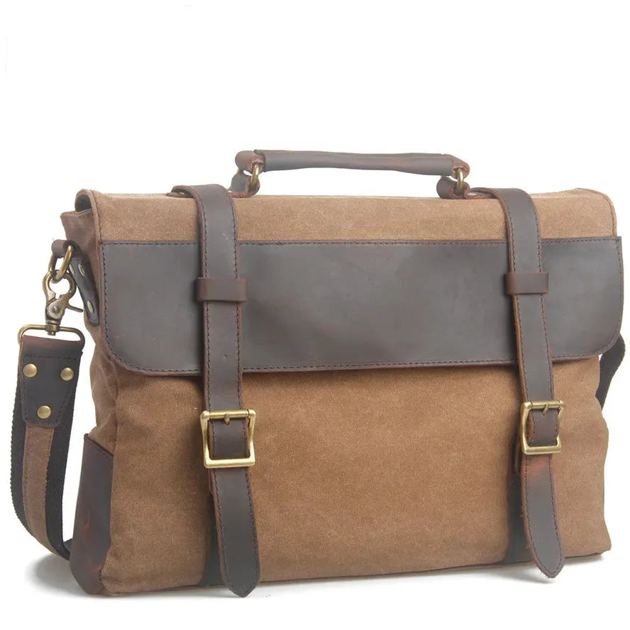 JMT-021258 Men's Canvas and Cowhide Leather Messenger Attache Case with Shoulder Strap - 39cm x 7.5cm x 28cm