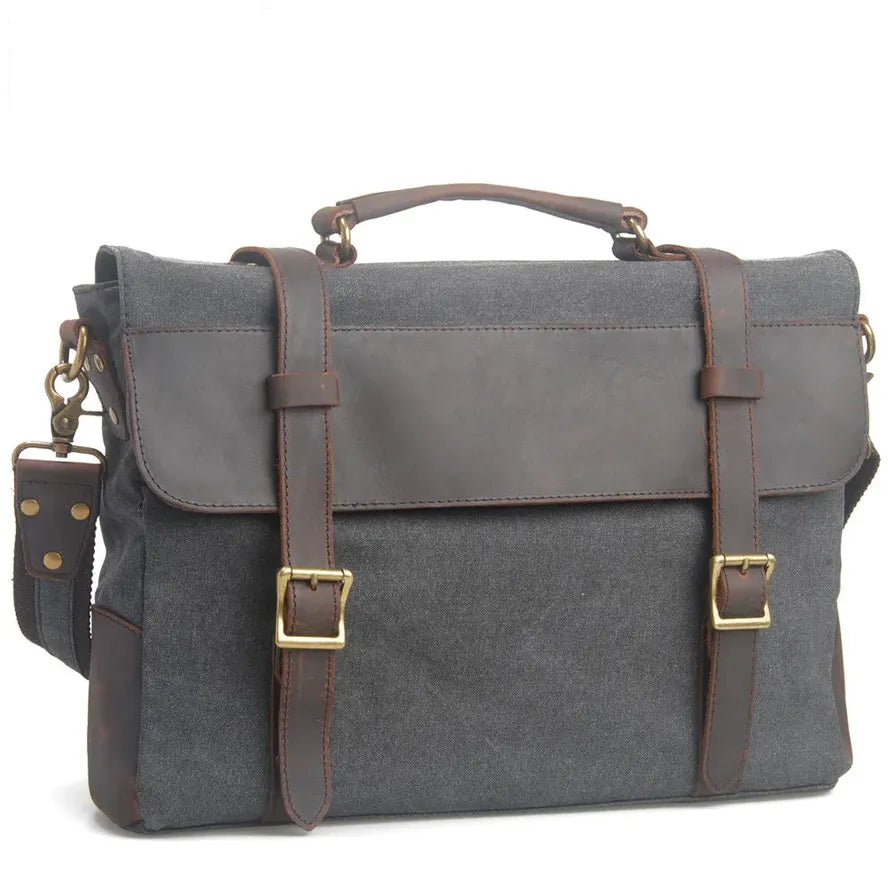 JMT-021258 Men's Canvas and Cowhide Leather Messenger Attache Case with Shoulder Strap - 39cm x 7.5cm x 28cm