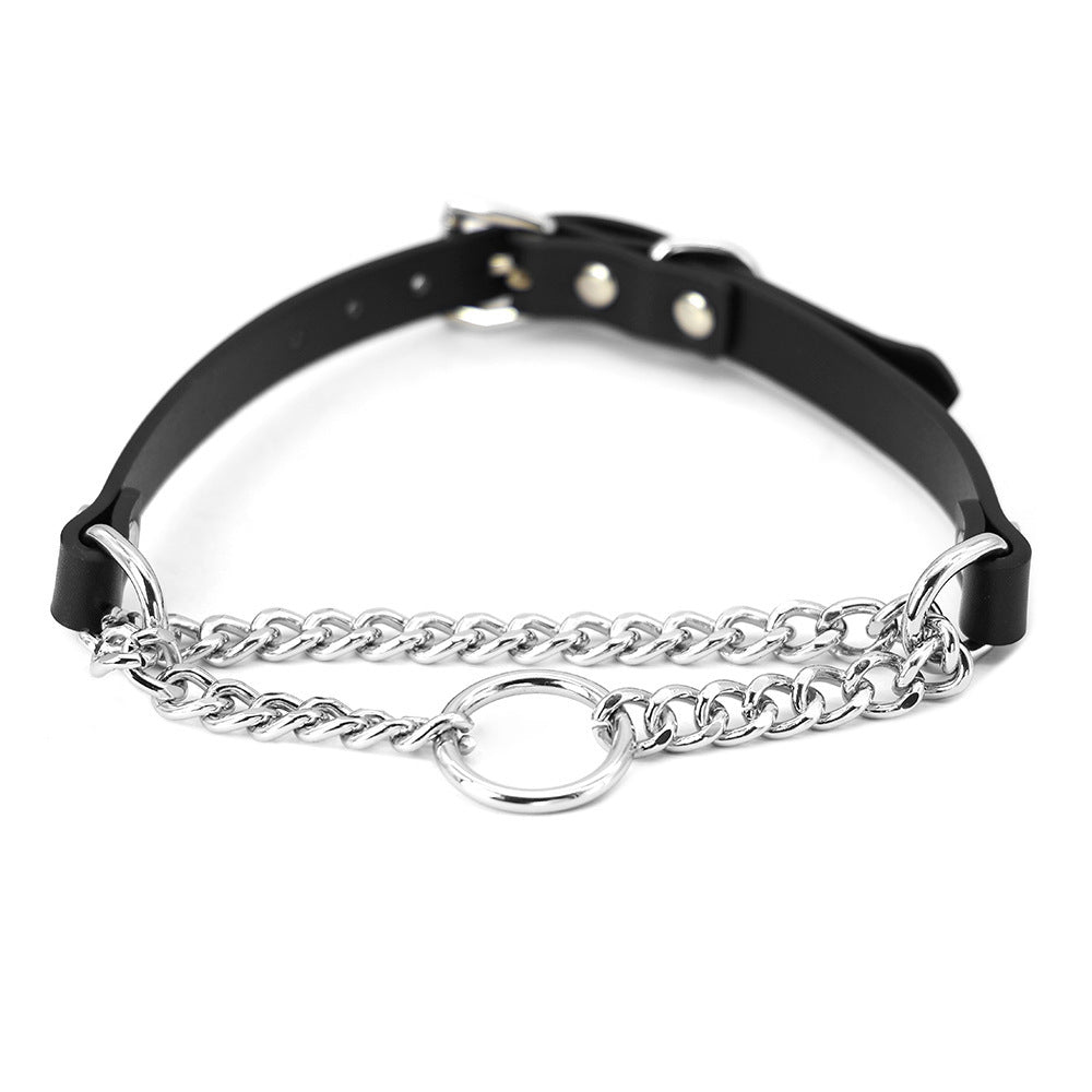 JMT-022154 Leather Collar and Leash Set with Black Hand Grip Rope for Sub-culture Style