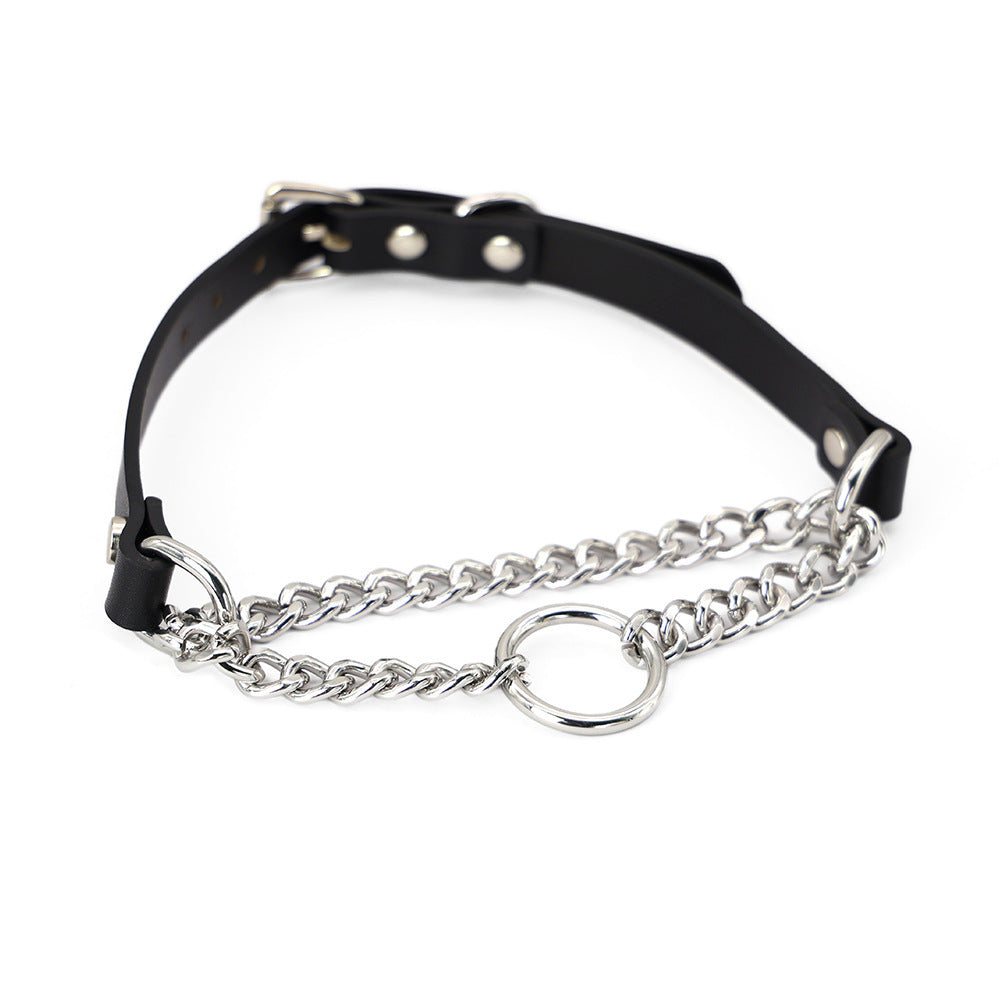 JMT-022154 Leather Collar and Leash Set with Black Hand Grip Rope for Sub-culture Style