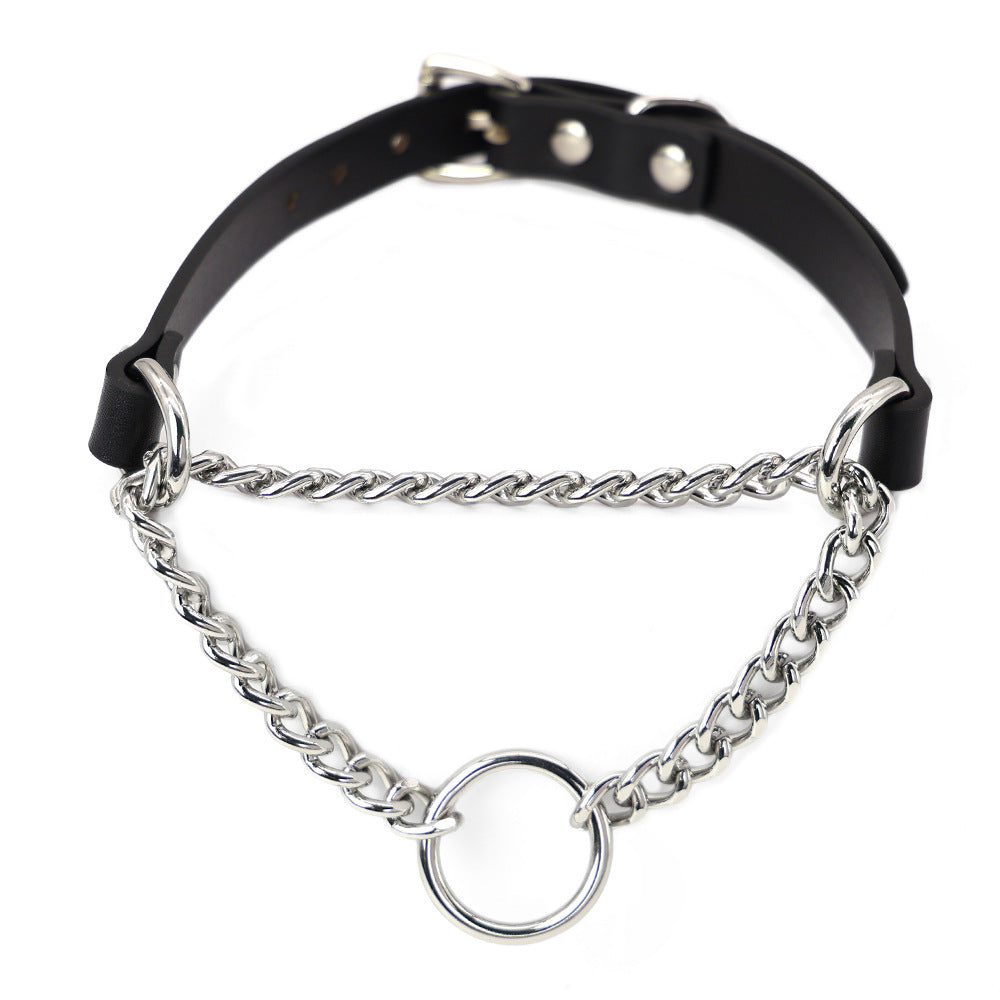 JMT-022154 Leather Collar and Leash Set with Black Hand Grip Rope for Sub-culture Style