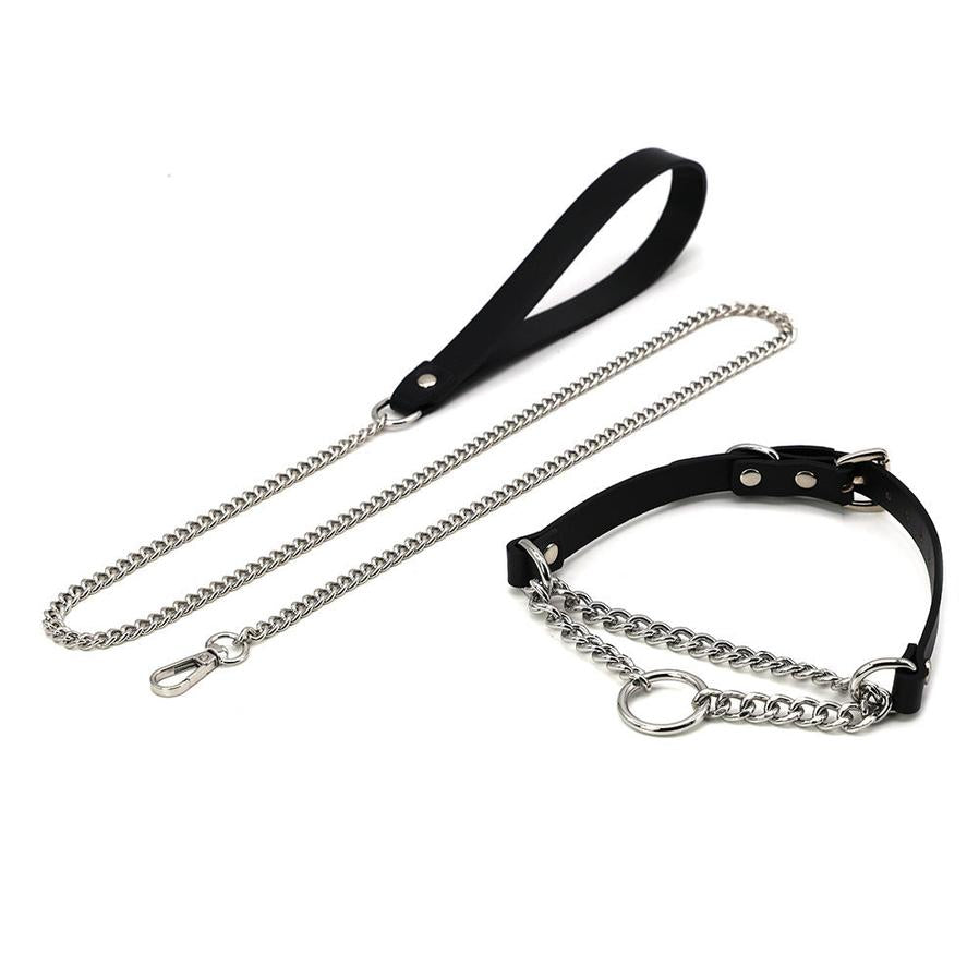 JMT-022154 Leather Collar and Leash Set with Black Hand Grip Rope for Sub-culture Style