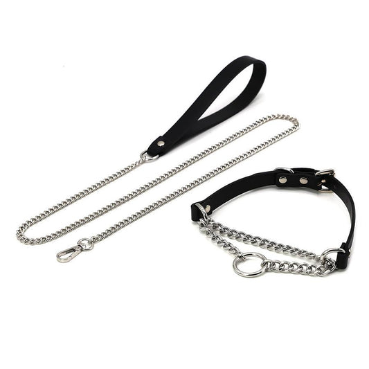 JMT-022154 Leather Collar and Leash Set with Black Hand Grip Rope for Sub-culture Style