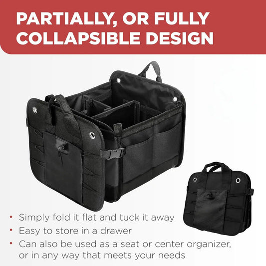 JMT-022282 Collapsible Adjustable Car Trunk Organizer with Multiple Compartments, Securing Straps and Non-Slip Bottom