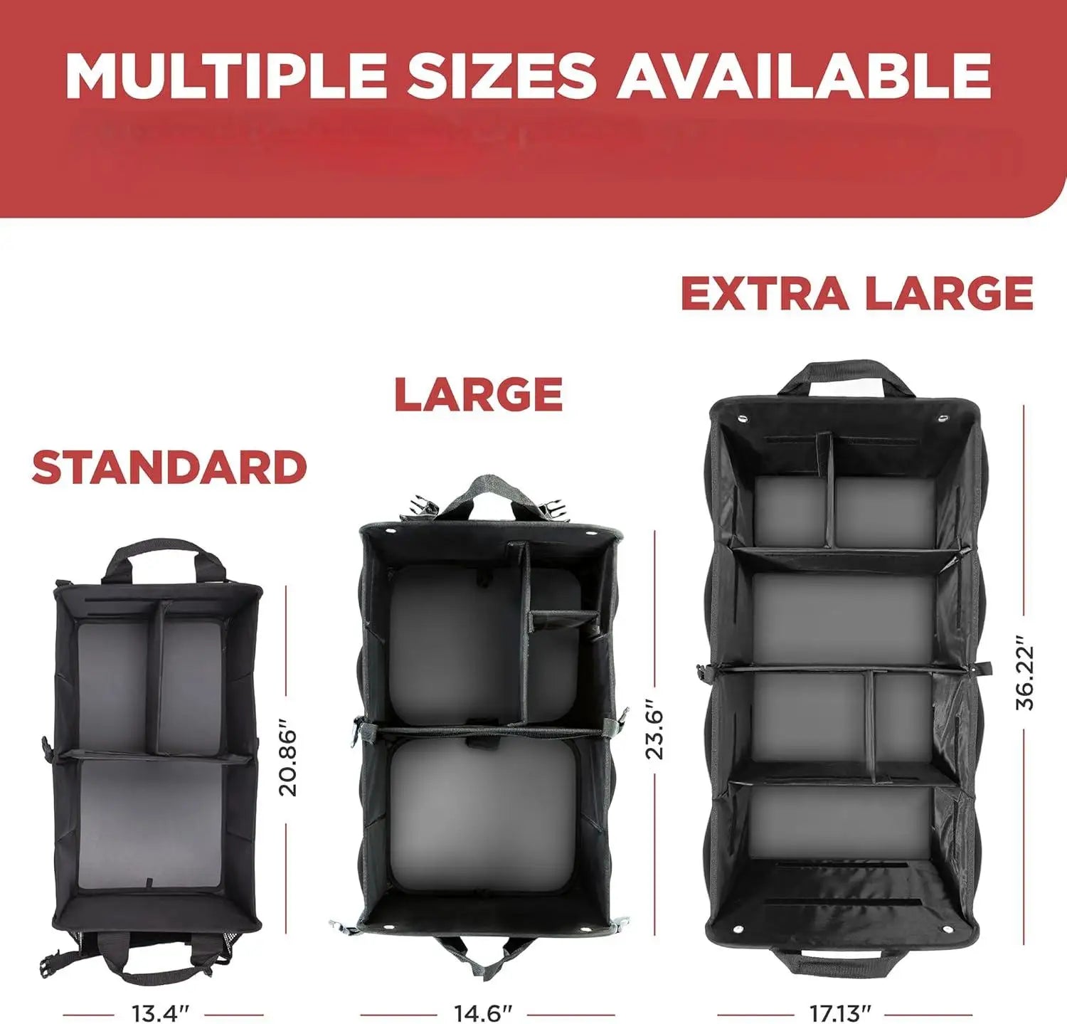 JMT-022282 Collapsible Adjustable Car Trunk Organizer with Multiple Compartments, Securing Straps and Non-Slip Bottom