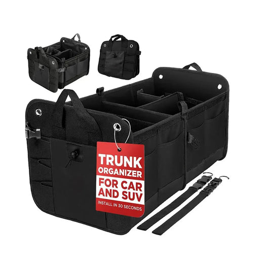 JMT-022282 Collapsible Adjustable Car Trunk Organizer with Multiple Compartments, Securing Straps and Non-Slip Bottom