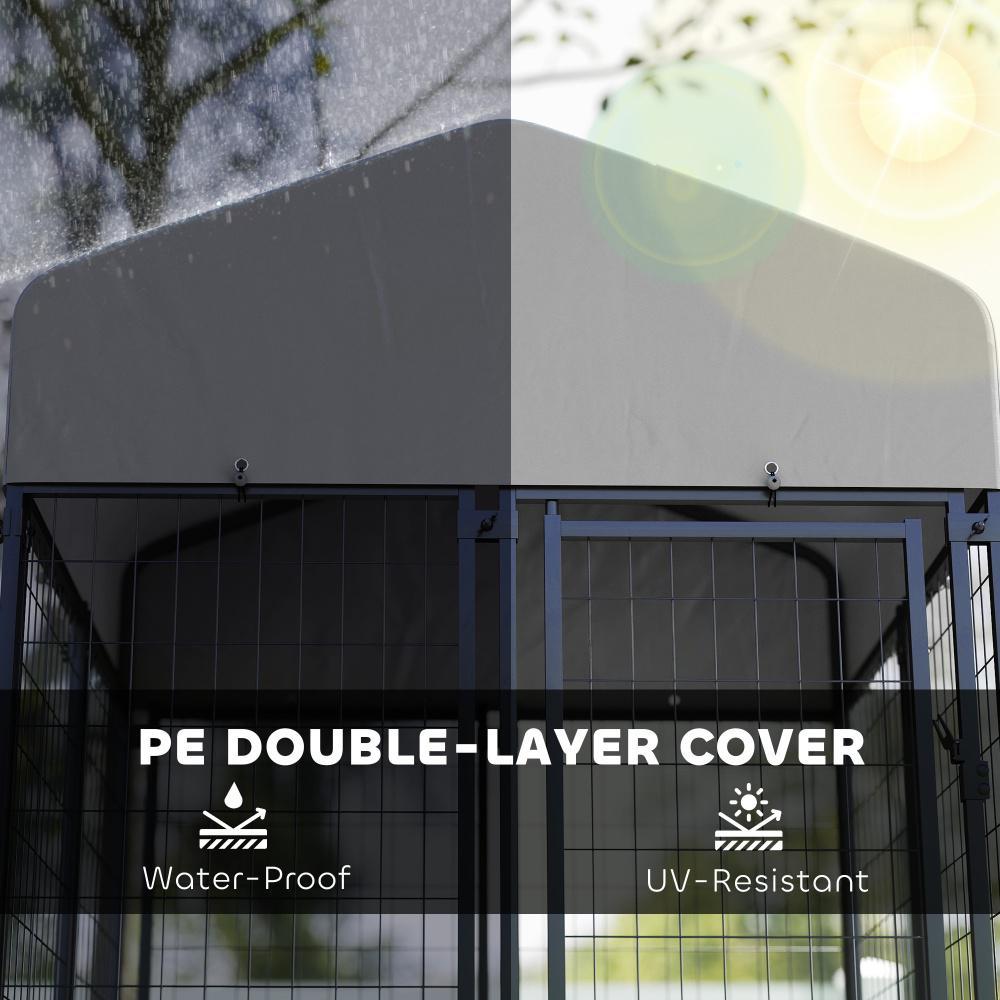 JMT-022666 Outdoor Welded Wire Dog Kennel with Rotating Bowl Holder and Adjustable Heights, Waterproof Cover, 3.9 x 3.9 x 6 ft