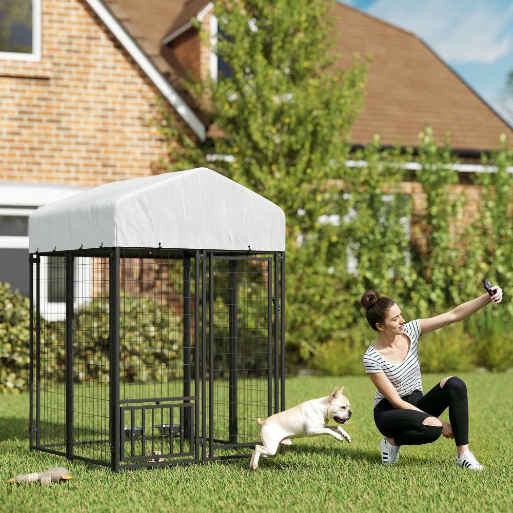 JMT-022666 Outdoor Welded Wire Dog Kennel with Rotating Bowl Holder and Adjustable Heights, Waterproof Cover, 3.9 x 3.9 x 6 ft
