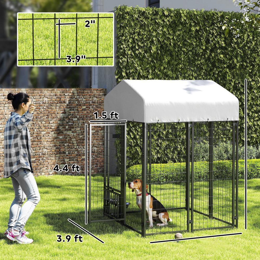 JMT-022666 Outdoor Welded Wire Dog Kennel with Rotating Bowl Holder and Adjustable Heights, Waterproof Cover, 3.9 x 3.9 x 6 ft