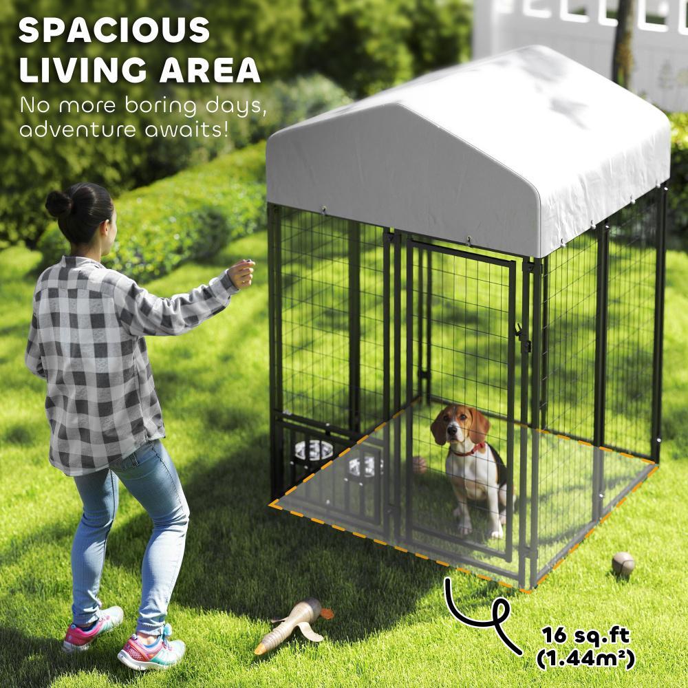 JMT-022666 Outdoor Welded Wire Dog Kennel with Rotating Bowl Holder and Adjustable Heights, Waterproof Cover, 3.9 x 3.9 x 6 ft
