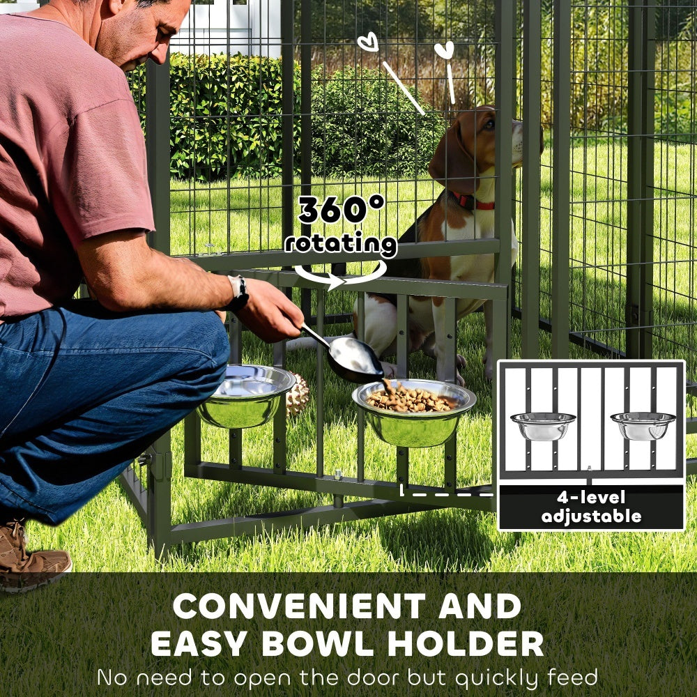 JMT-022666 Outdoor Welded Wire Dog Kennel with Rotating Bowl Holder and Adjustable Heights, Waterproof Cover, 3.9 x 3.9 x 6 ft