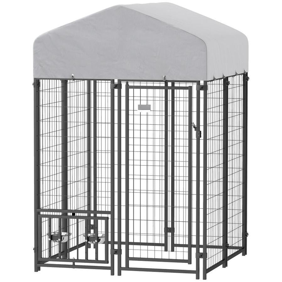 JMT-022666 Outdoor Welded Wire Dog Kennel with Rotating Bowl Holder and Adjustable Heights, Waterproof Cover, 3.9 x 3.9 x 6 ft