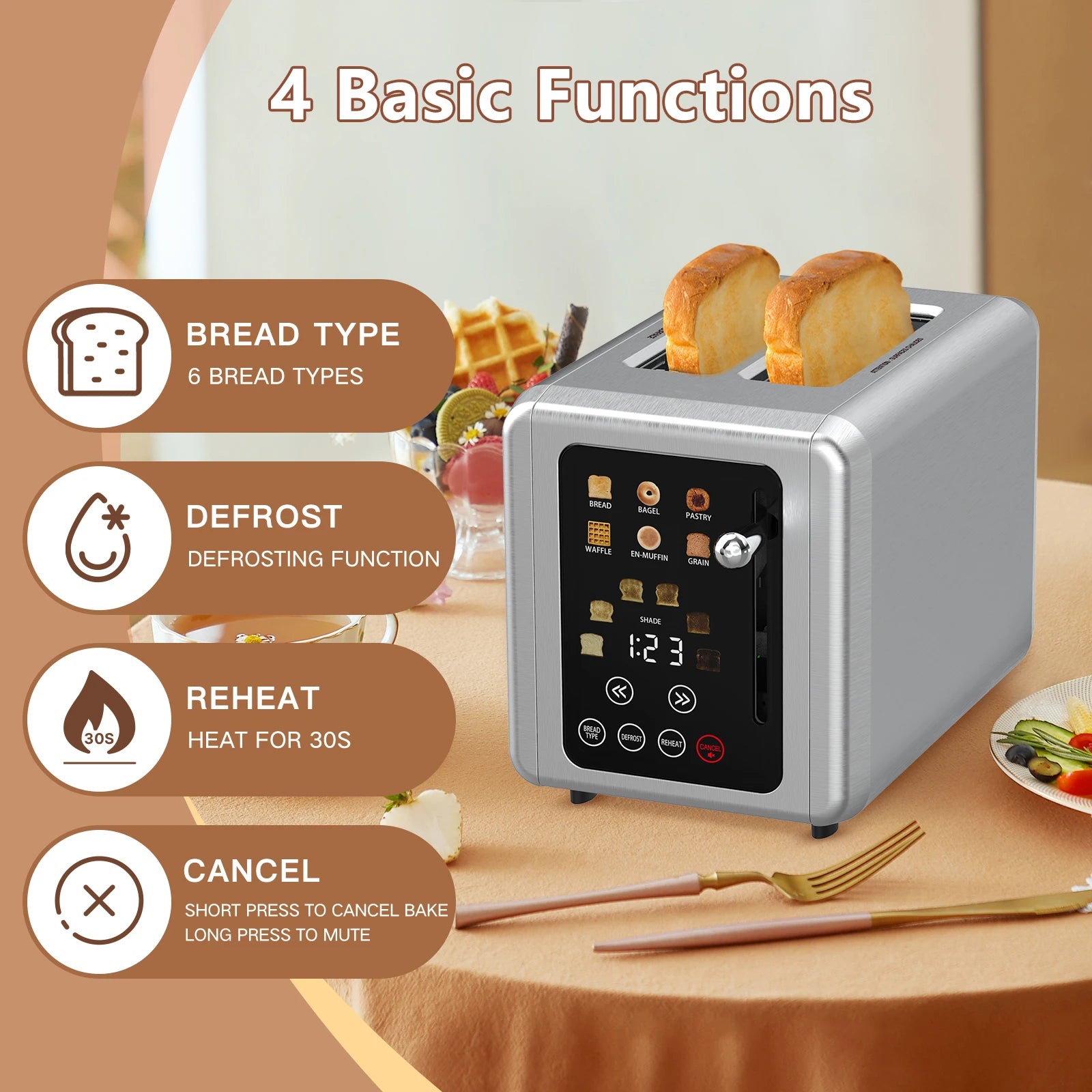 JMT-023754 Automatic 2-Slice Stainless Steel Bread Toaster with Fast Heating Function