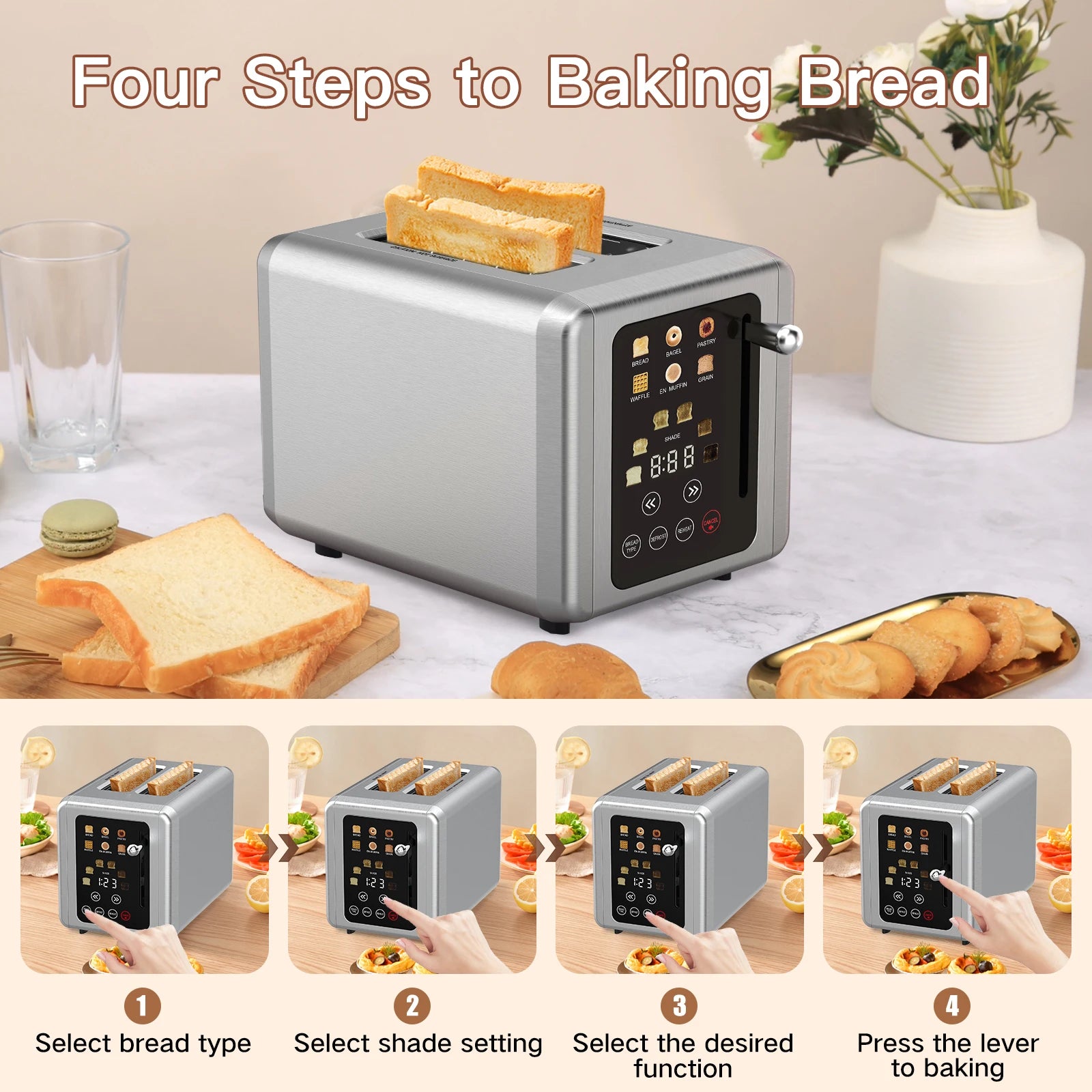 JMT-023754 Automatic 2-Slice Stainless Steel Bread Toaster with Fast Heating Function