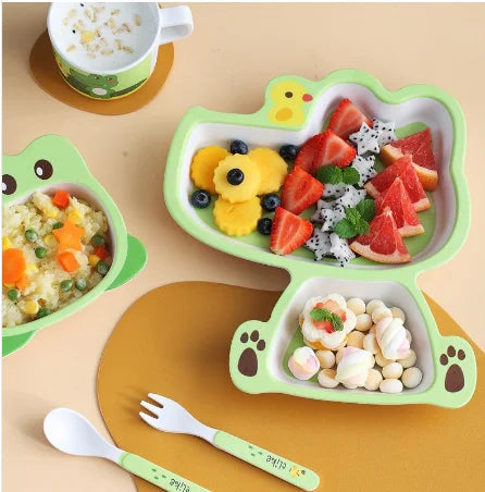 JMT-024906 Customisable Bamboo Fiber Children's Dinnerware Set with Animal Dividers, Rice Bowl, Spoon, and Fork