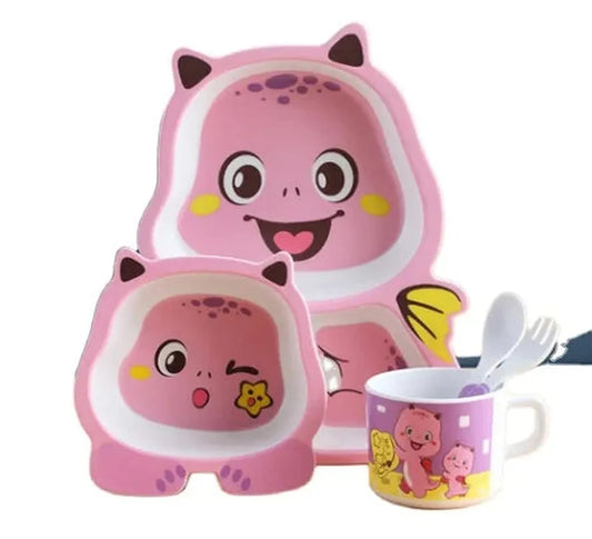 JMT-024906 Customisable Bamboo Fiber Children's Dinnerware Set with Animal Dividers, Rice Bowl, Spoon, and Fork