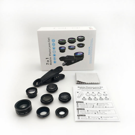 JMT-026122 7-in-1 Mobile Phone Lens Set: Fisheye, Wide Angle, Macro, Telephoto, Polarizer, Kaleidoscope with Clip and Accessories