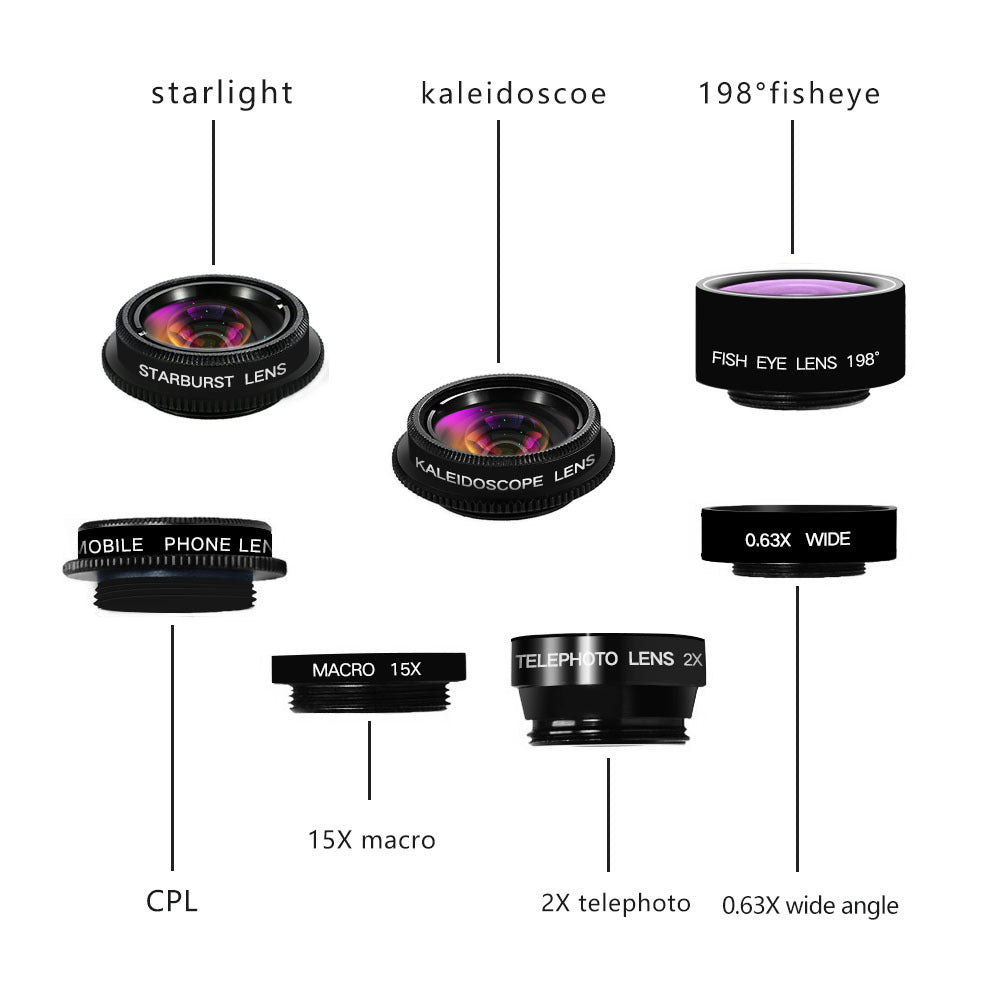 JMT-026122 7-in-1 Mobile Phone Lens Set: Fisheye, Wide Angle, Macro, Telephoto, Polarizer, Kaleidoscope with Clip and Accessories