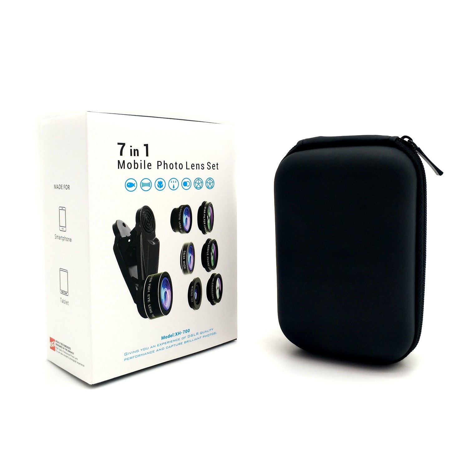 JMT-026122 7-in-1 Mobile Phone Lens Set: Fisheye, Wide Angle, Macro, Telephoto, Polarizer, Kaleidoscope with Clip and Accessories
