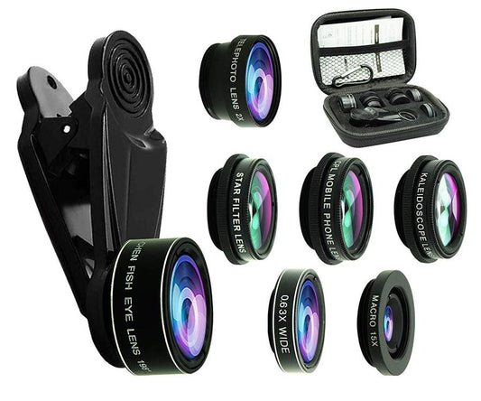 JMT-026122 7-in-1 Mobile Phone Lens Set: Fisheye, Wide Angle, Macro, Telephoto, Polarizer, Kaleidoscope with Clip and Accessories