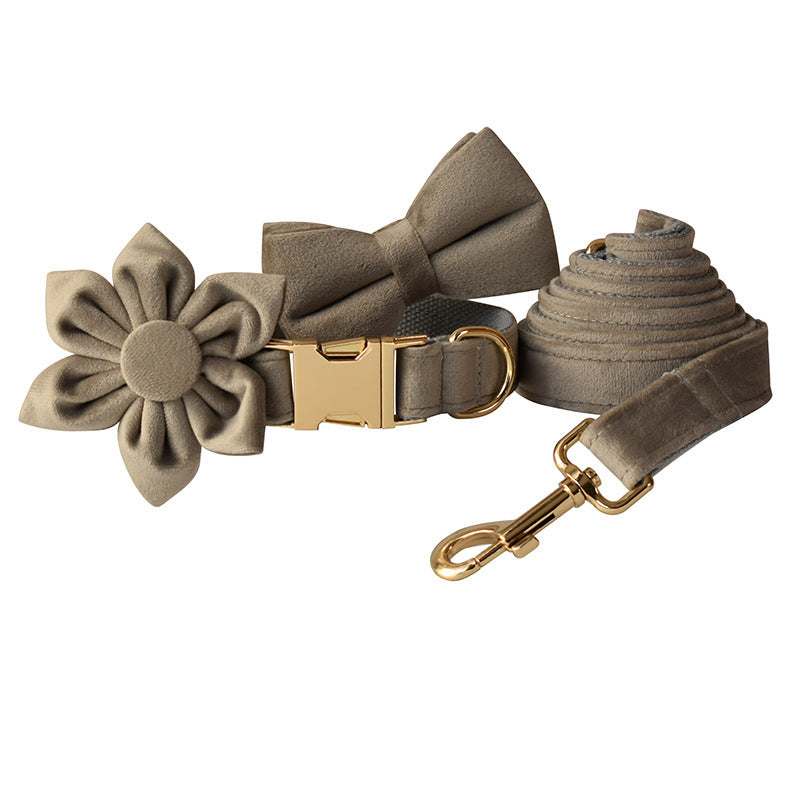 JMT-026442 Gold Buckle Flannel Chest Strap with Bow and Flower for Dogs - Multiple Sizes Available