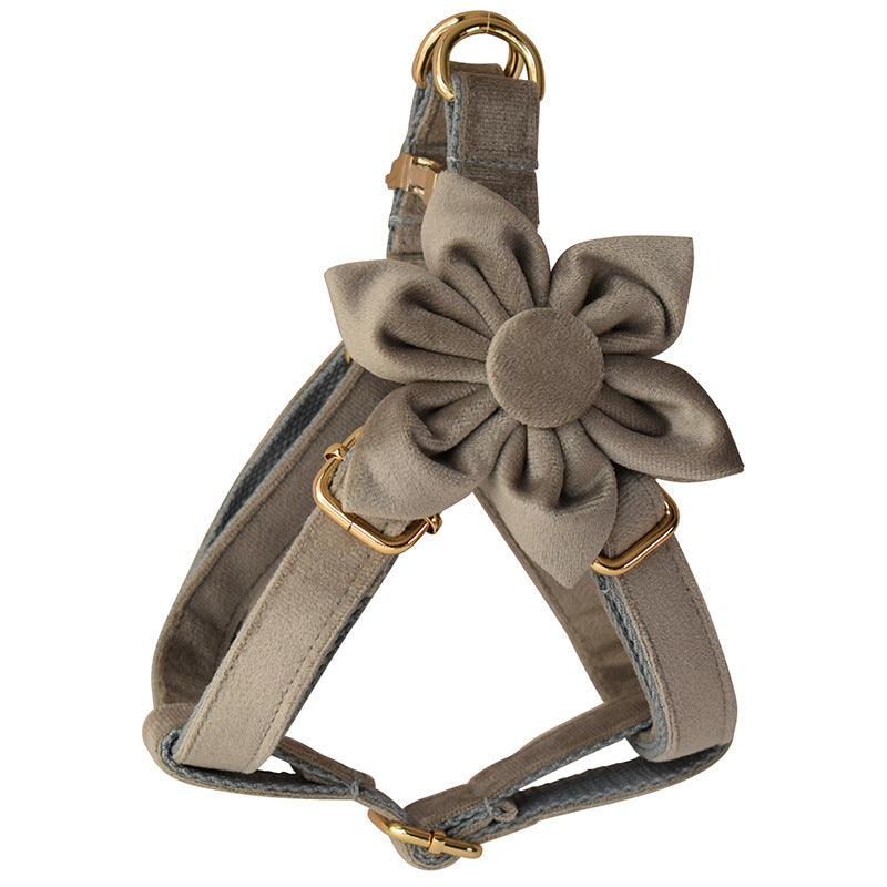 JMT-026442 Gold Buckle Flannel Chest Strap with Bow and Flower for Dogs - Multiple Sizes Available