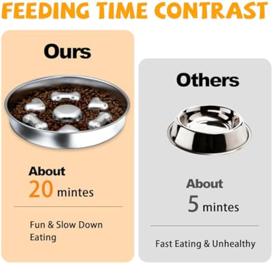 JMT-027082 Non-Slip Slow Feeder Dog Bowl: Durable Stainless Steel with Heart and Bones Design, Suitable for All Dog Sizes