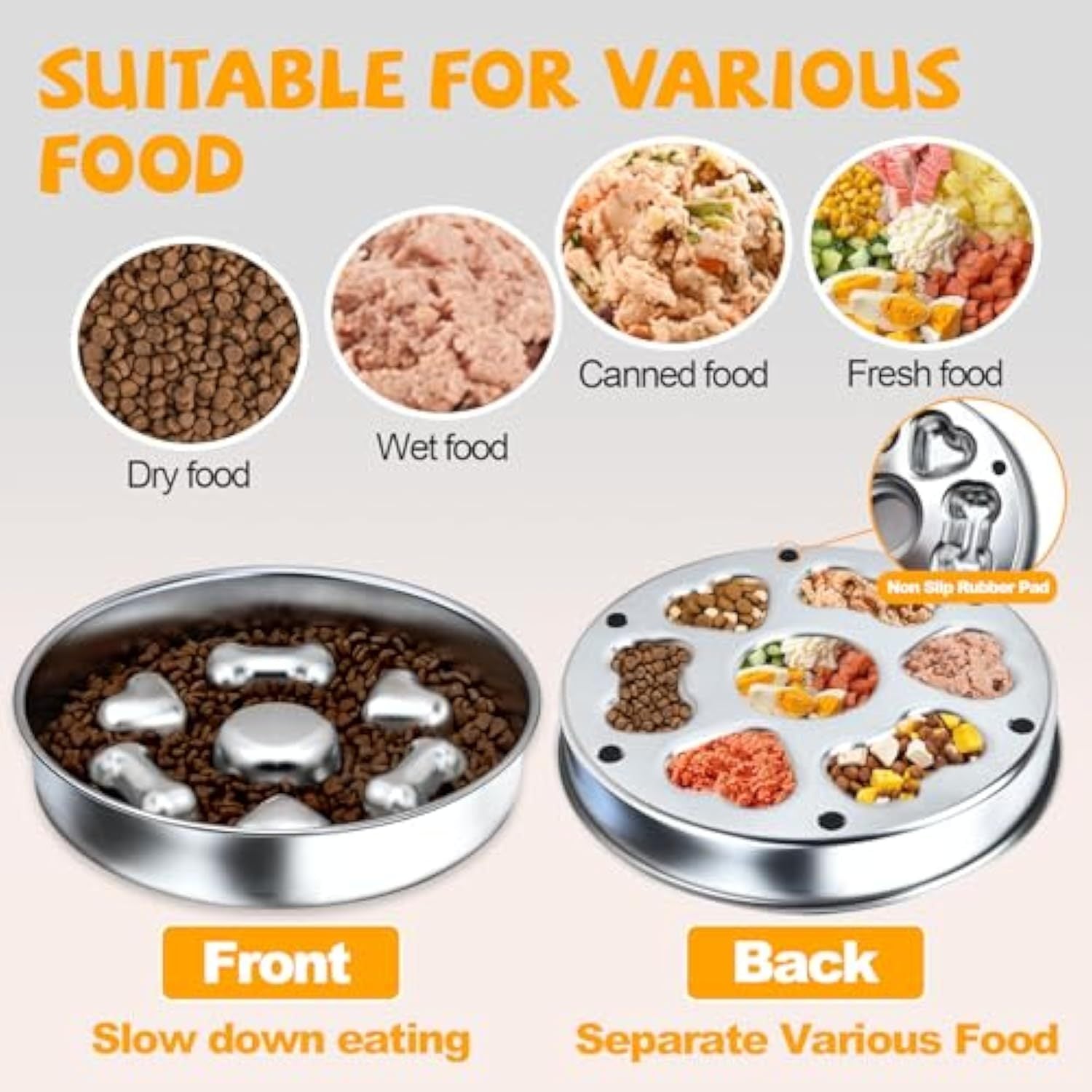 JMT-027082 Non-Slip Slow Feeder Dog Bowl: Durable Stainless Steel with Heart and Bones Design, Suitable for All Dog Sizes