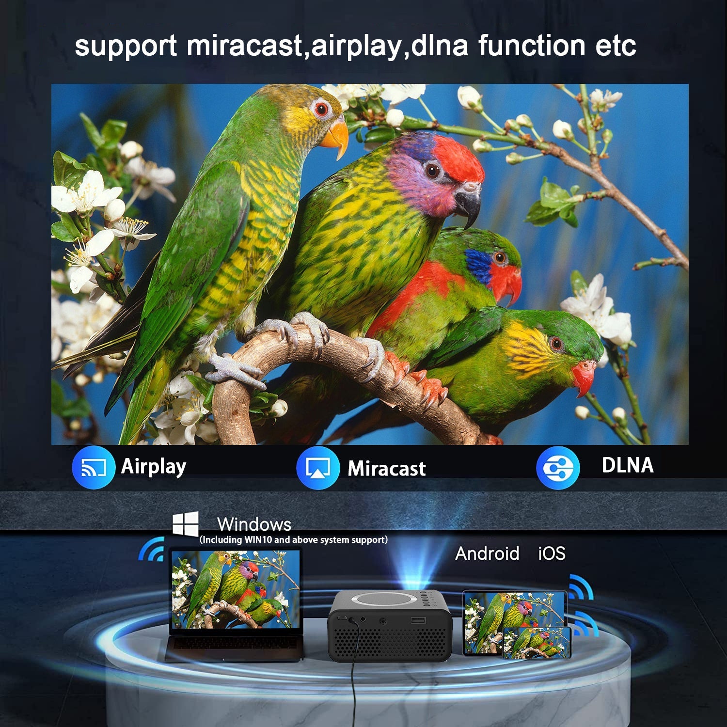 JMT-027274 Compact LED Mini Projector with 1080P Support for Wireless and Wired Streaming on Android and iOS Devices