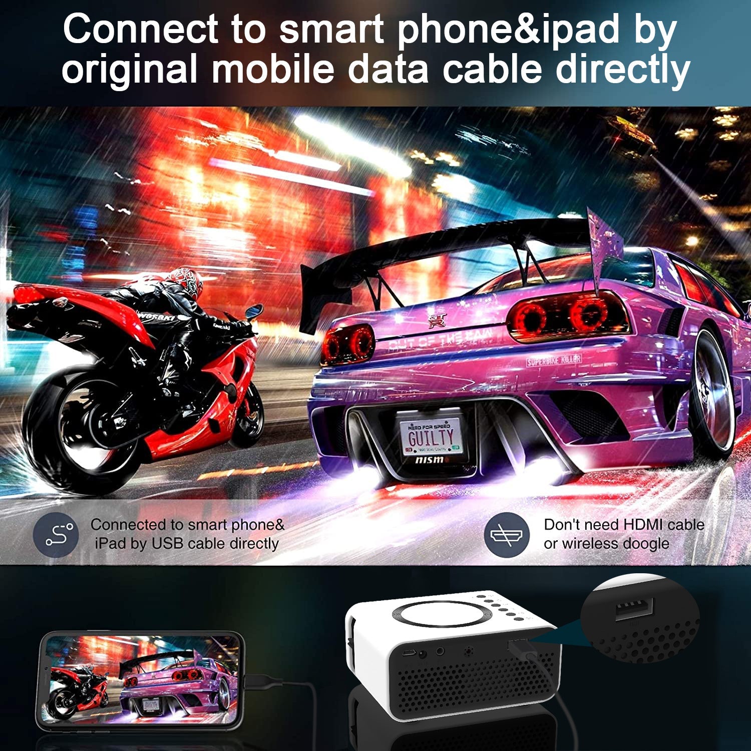 JMT-027274 Compact LED Mini Projector with 1080P Support for Wireless and Wired Streaming on Android and iOS Devices