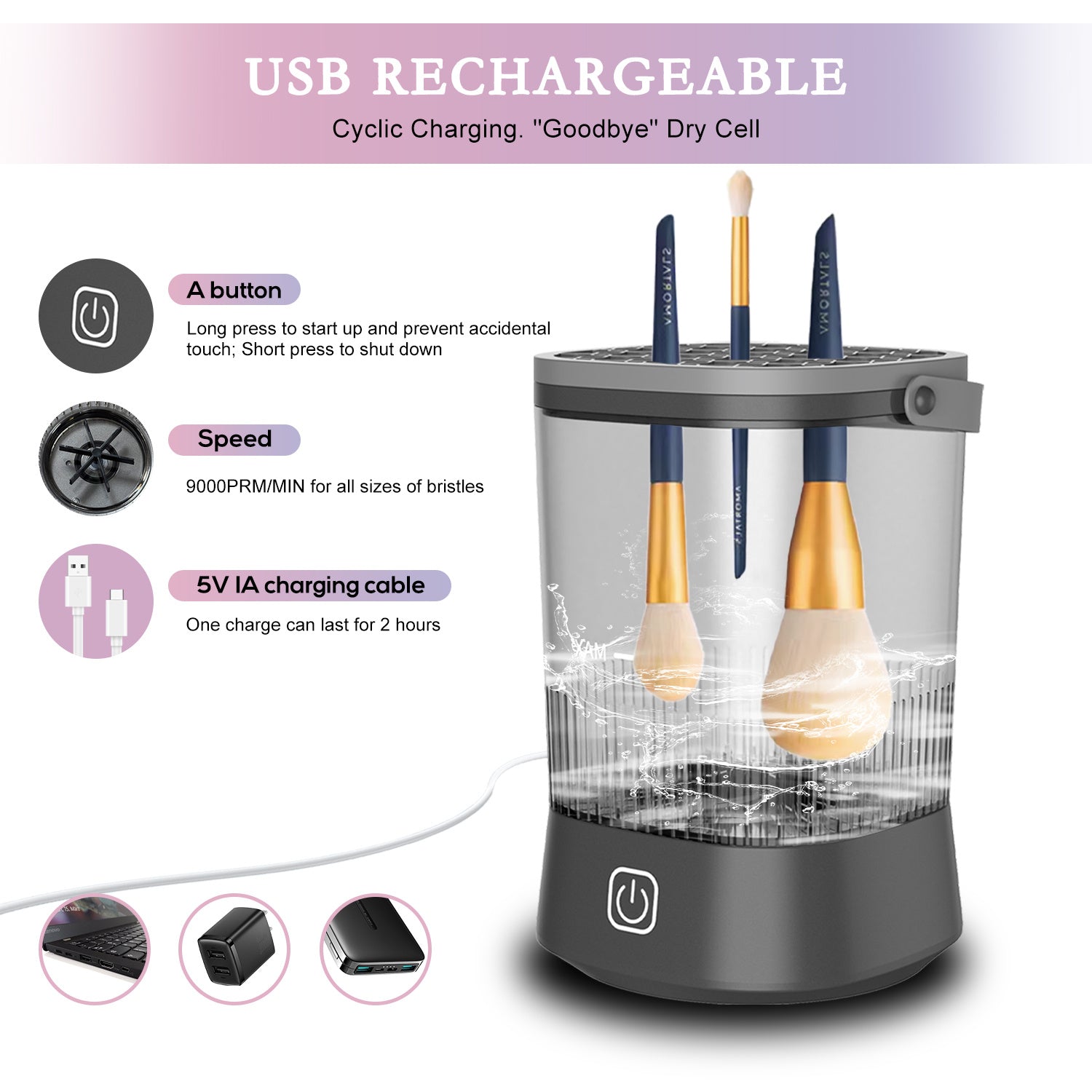 JMT-027530 Electric Makeup Brush Cleaner with 9000 RPM Motor - Automatic and Waterproof Brush Washer for All Sizes