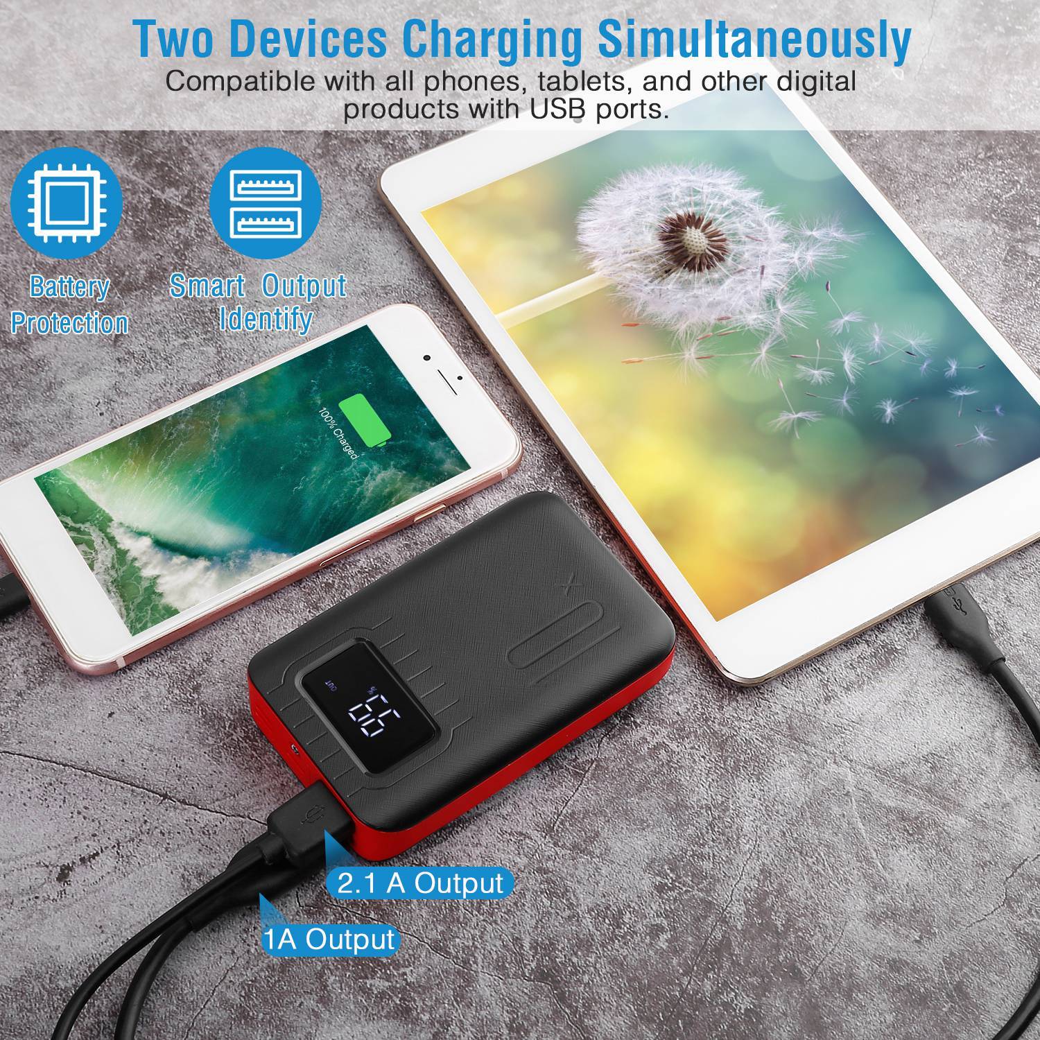 JMT-029578 10000mAh Portable Power Bank with Dual USB Ports, LCD Display and Emergency Flashlight