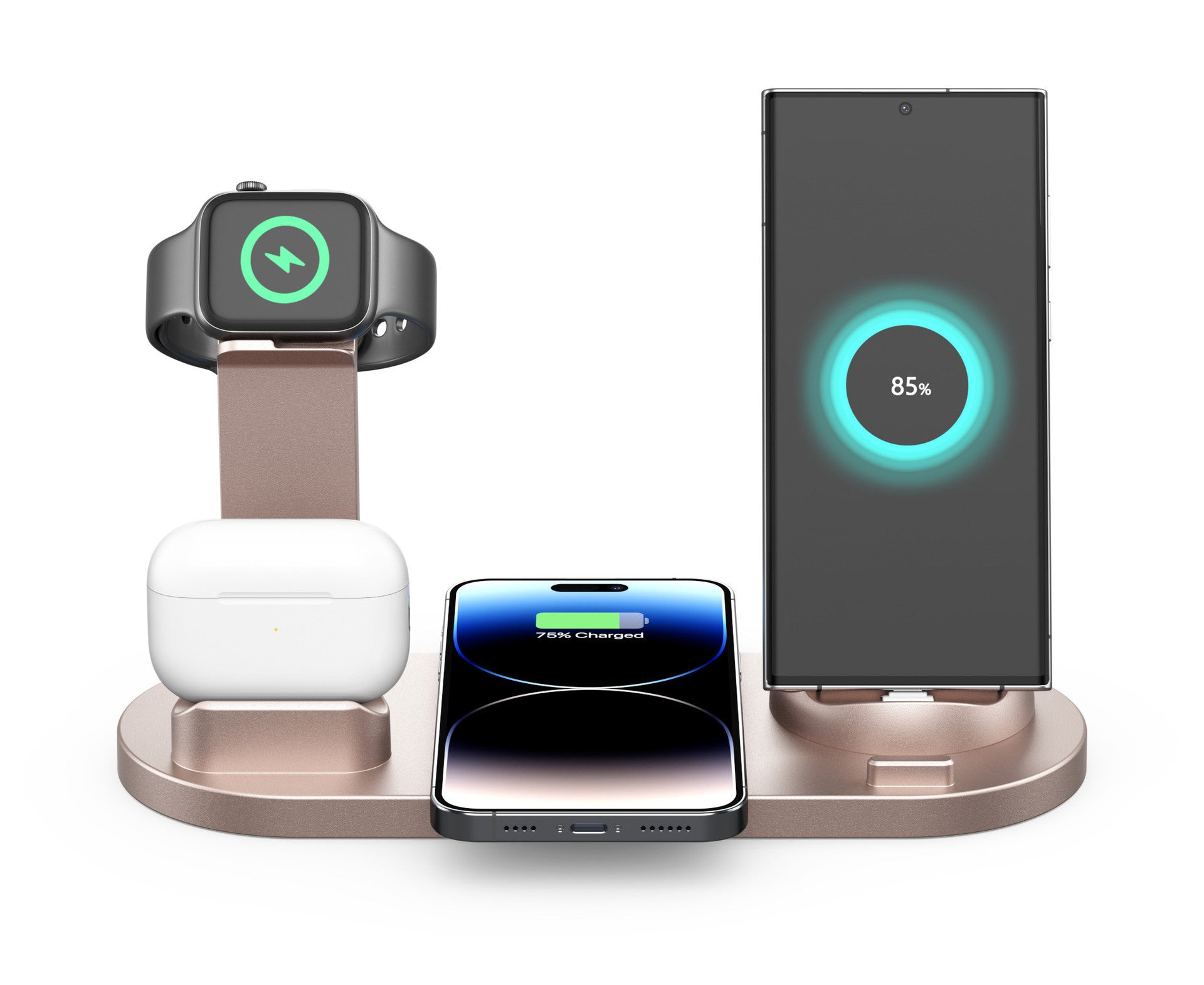 JMT-031050 Three-in-One Wireless Charging Station with 360° Rotating Cradle for Smartphones, Smartwatches, and Wireless Earbuds - Fast Charging Capability