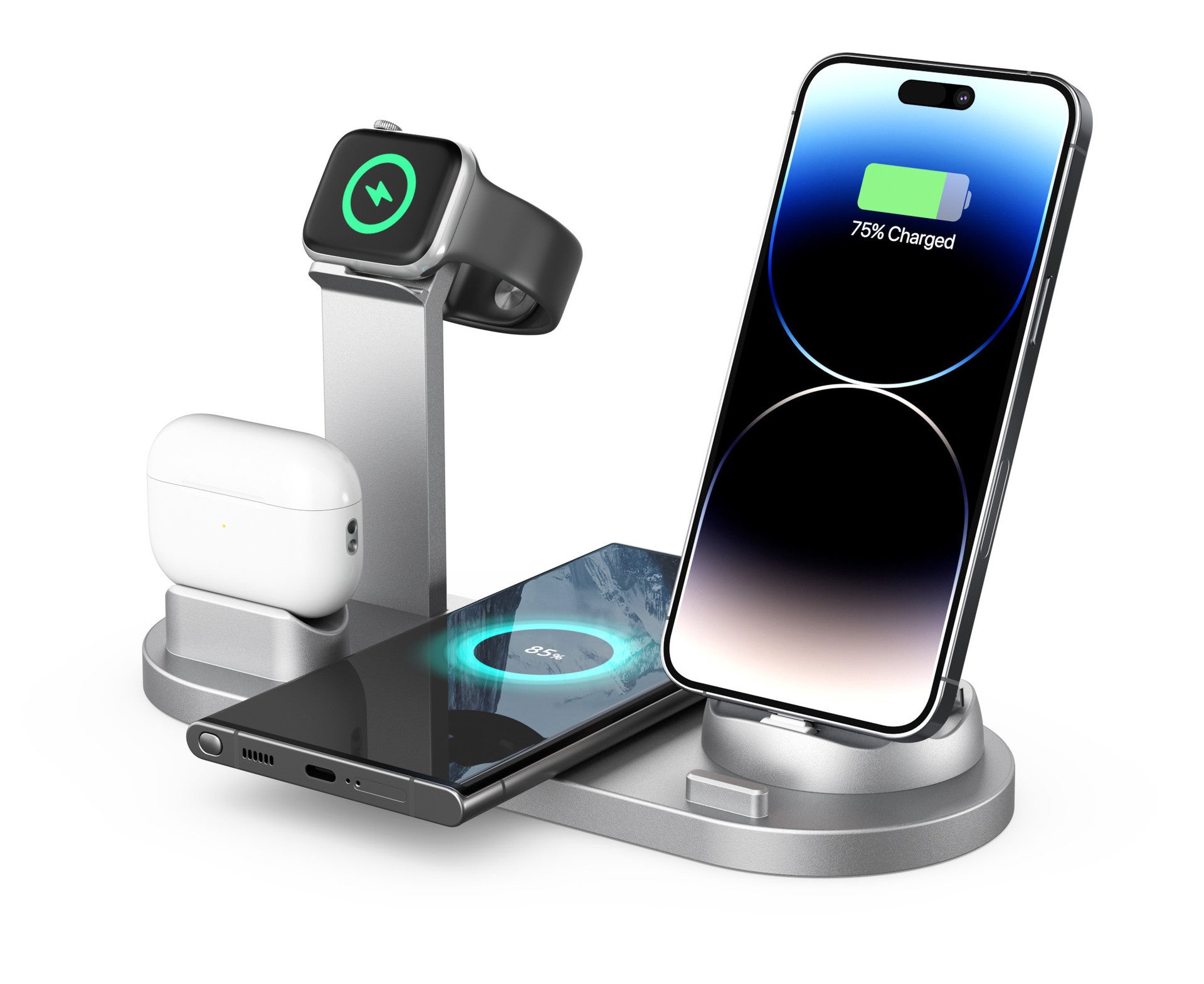JMT-031050 Three-in-One Wireless Charging Station with 360° Rotating Cradle for Smartphones, Smartwatches, and Wireless Earbuds - Fast Charging Capability