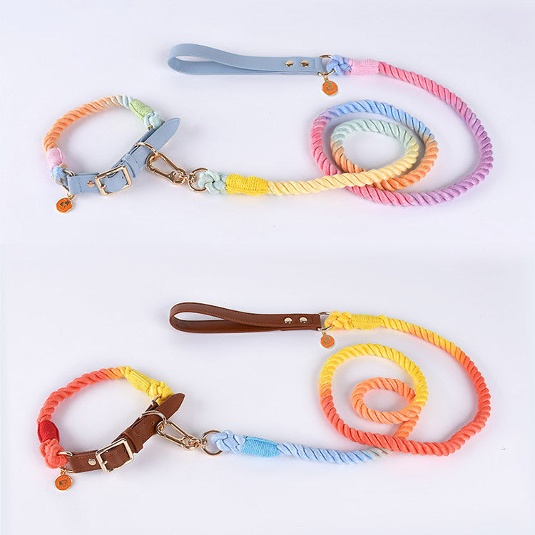 JMT-032202 Cotton Rope and Leather Leash and Collar Set for Medium to Large Dogs – Various Colors Available