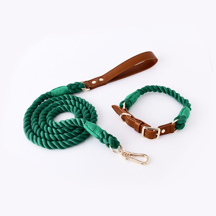 JMT-032202 Cotton Rope and Leather Leash and Collar Set for Medium to Large Dogs – Various Colors Available