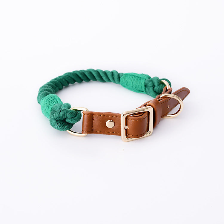 JMT-032202 Cotton Rope and Leather Leash and Collar Set for Medium to Large Dogs – Various Colors Available