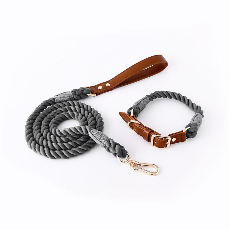 JMT-032202 Cotton Rope and Leather Leash and Collar Set for Medium to Large Dogs – Various Colors Available
