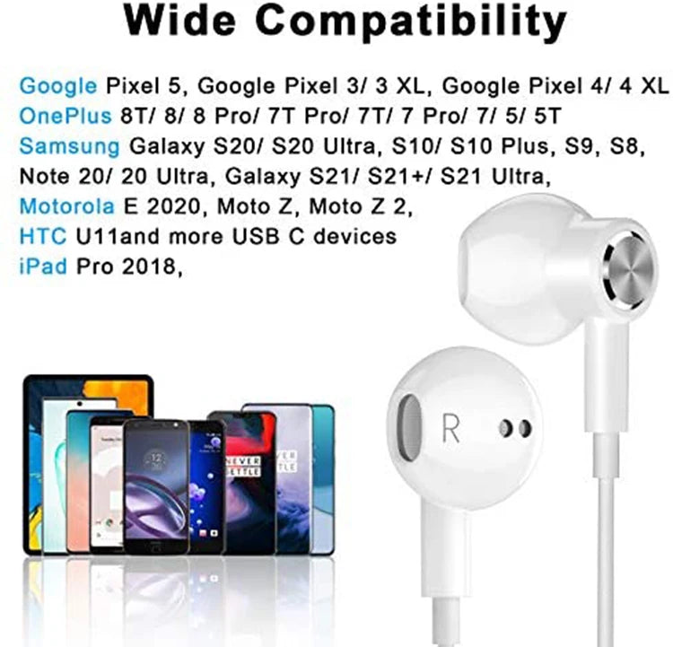 JMT-032522 USB-C Wired Earbuds with Mic for iPhone 15 and Google Devices
